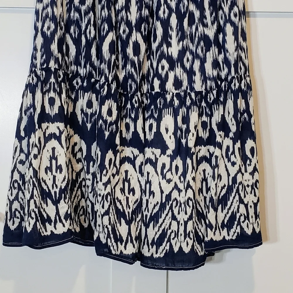Mlle Gabrielle Maxi Skirt Tiered Lined 100% Cotton Blue White Print Size Small